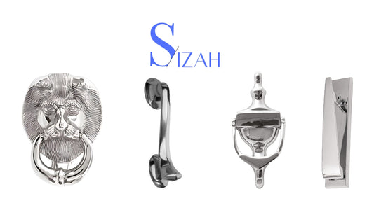 Image featuring Sizah's premium door knockers: Lion Head, Victorian Scroll, Victorian Urn, and Ponytail designs. Stylish additions to elevate any front door.