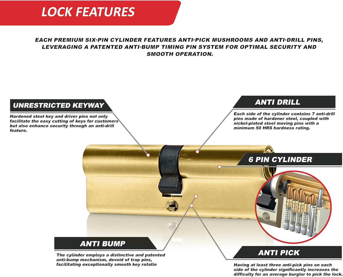 SIZAH Euro Cylinder Door Lock Barrel Brass