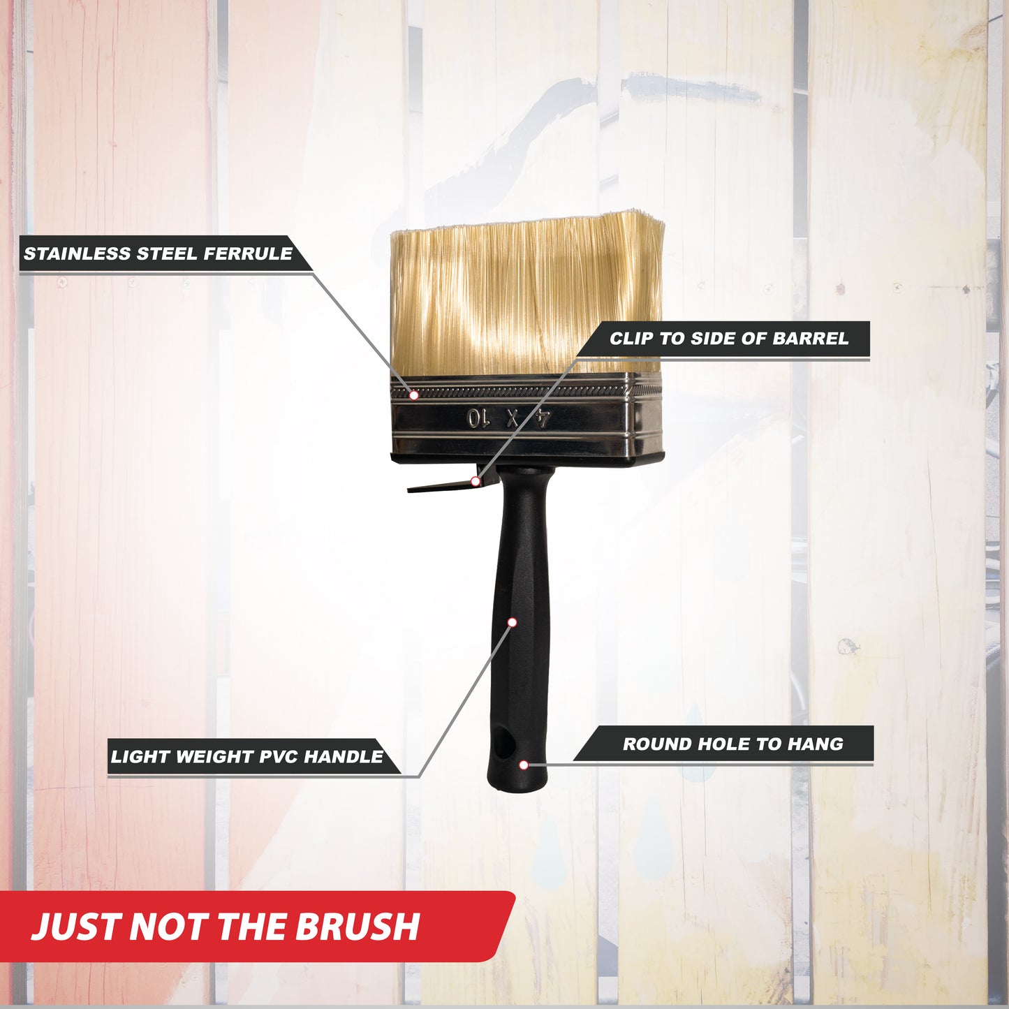 SIZAH Masonry Brush features a stainless steel ferrule, clip to side of barrel, round hole for hanging, and lightweight PVC handle for easy storage and use